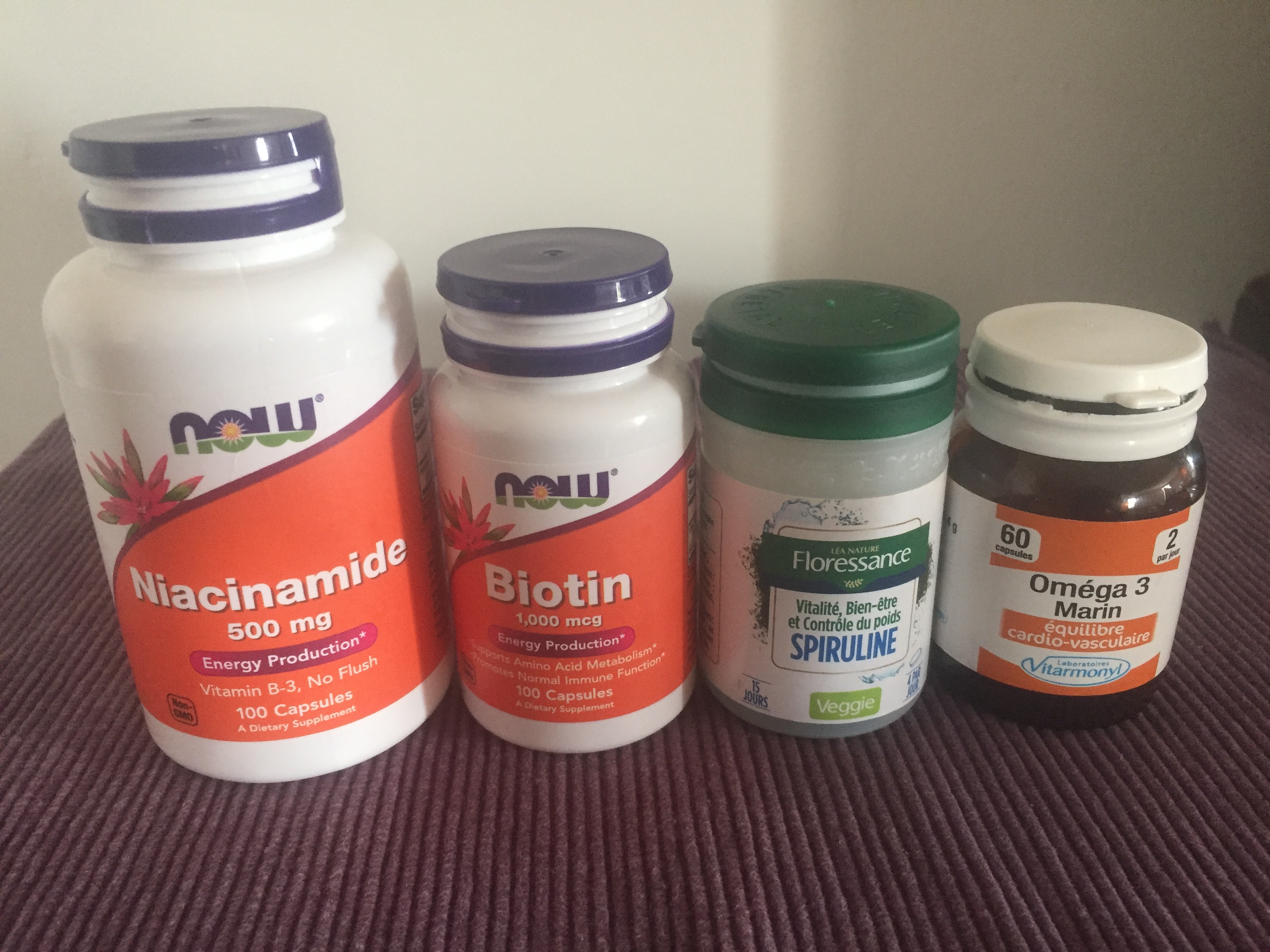 Niacinimide, Biotin, Spirulina and Omega 3 supplements